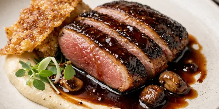 Magret de pato sous‑vide con glaseado miso‑café y crujiente de suero — receta gourmet