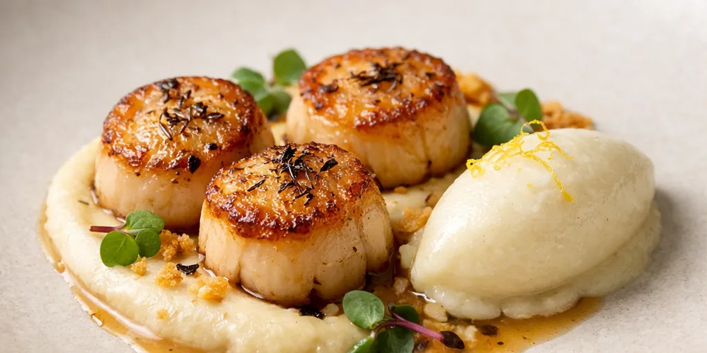 Saint‑Jacques snackées au thé Lapsang, purée de panais fumée & glace miso‑citron — recette étoilée