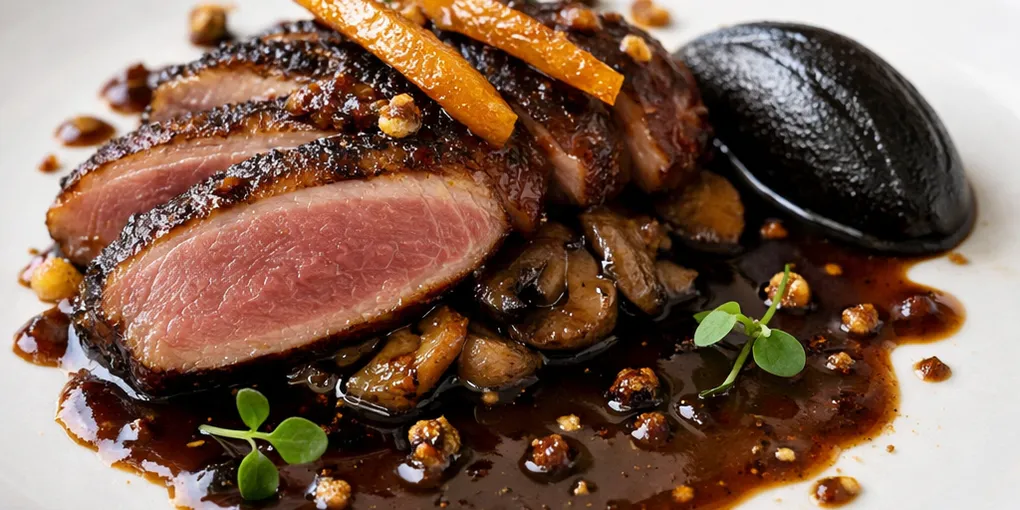 普洱烟熏黑蒜低温鸭胸：陈皮蜜与花椒咖啡汁的米其林级创新菜