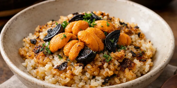 土鍋で仕上げる雲丹と黒にんにくの香るおこげリゾット — 和のアンビバレンス