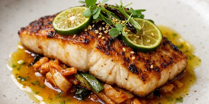 김치 브라인 버터로 구운 숙성 광어 — 숯향과 청귤 글레이즈의 코리안 퓨전