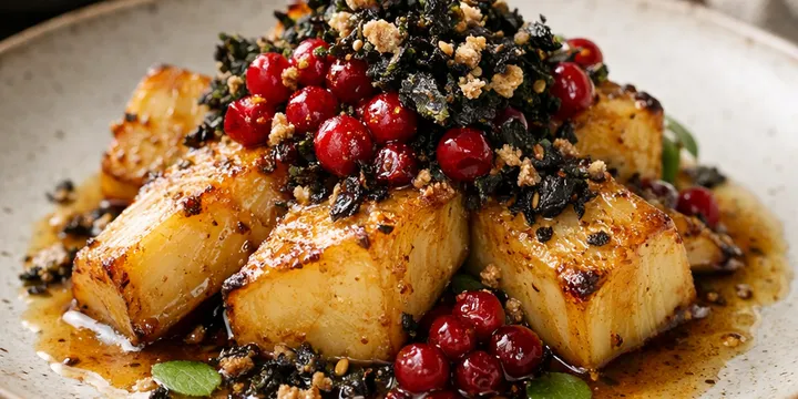 Rostad rotselleri med miso‑brynt smör, fermenterade lingon & tångcrumble — en nordisk twist