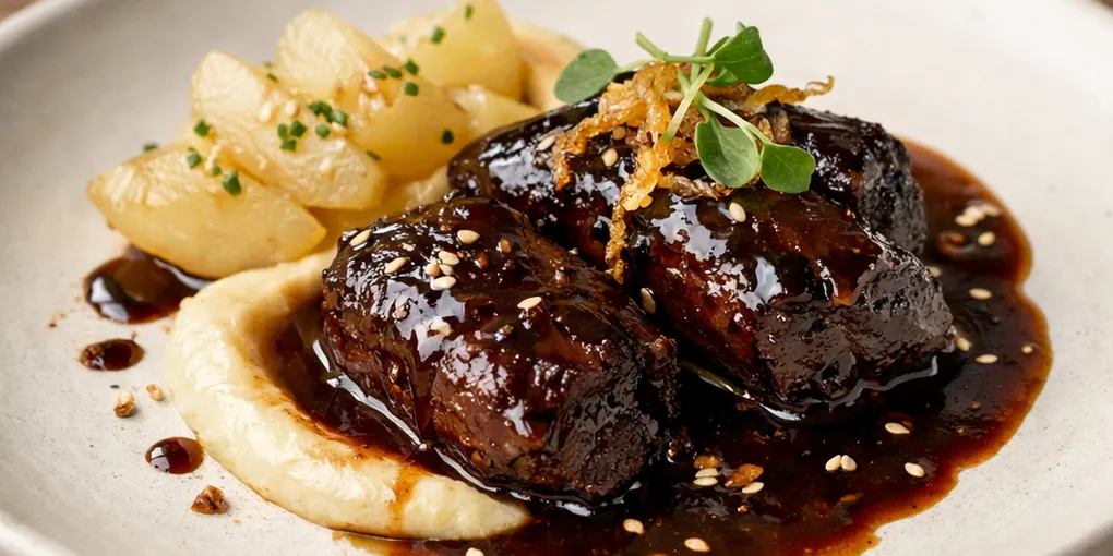 Geschmorte Kalbsbäckchen mit Schwarztee‑Tamarinden‑Glasur & fermentierter Birne