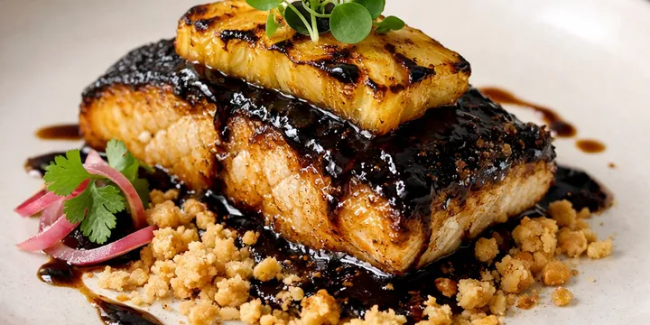 Charred Pineapple Sea Bass with Black Garlic–Tamarind Glaze & Macadamia Soil