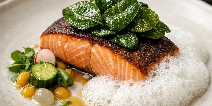 Cá Hồi Áp Chảo Lá Chanh Phồng & Bọt Cơm Rượu — Độc Lạ, Sang Trọng