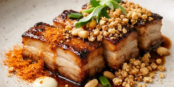 수비드 막걸리 캐러멜 포크벨리 — 곶감 파우더와 누룽지 크럼블의 코리안 퓨전