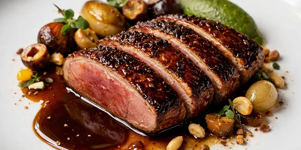 Magret de canard laqué au miel de pin & huile de noisette fumée — recette étoilée