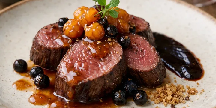 Sous‑vide hjortfilé med fermenterad hjortron‑glaze & rökta enbär — en nordisk fest