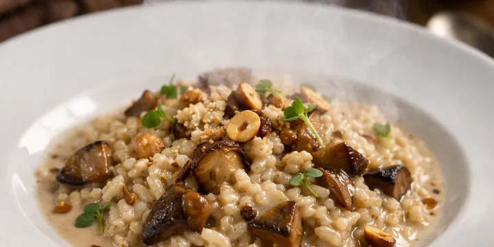 Arroz meloso de boletus con leche de avellana tostada y humo de té — truco secreto