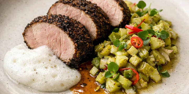 Buckwheat-Coffee Crusted Pork Tenderloin with Pickled Green Strawberry Relish & Smoked Yogurt Foam