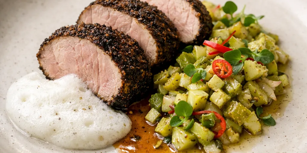 Buckwheat-Coffee Crusted Pork Tenderloin with Pickled Green Strawberry Relish & Smoked Yogurt Foam