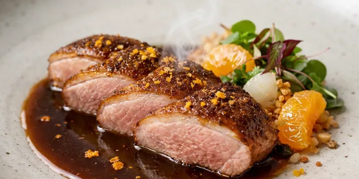 低温鴨胸の蜜柑皮オイル仕上げ — 発酵味噌キャラメルと瞬間スモークの和フレンチ