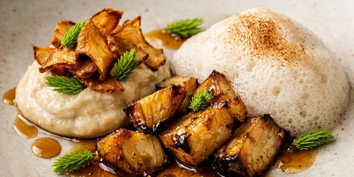 Jordärtskocka i två texturer med granskottssirap & bränt äppelskum — svensk vårfest