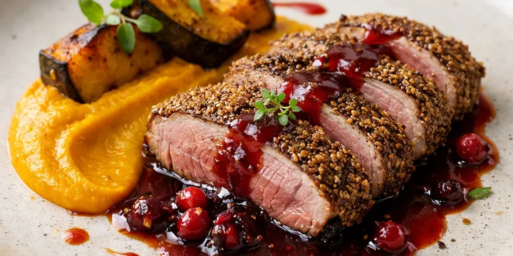 미숫가루 크러스트 오리 가슴살 — 오미자 스모크 글레이즈와 구운 단호박 퓨레(비법 공개)