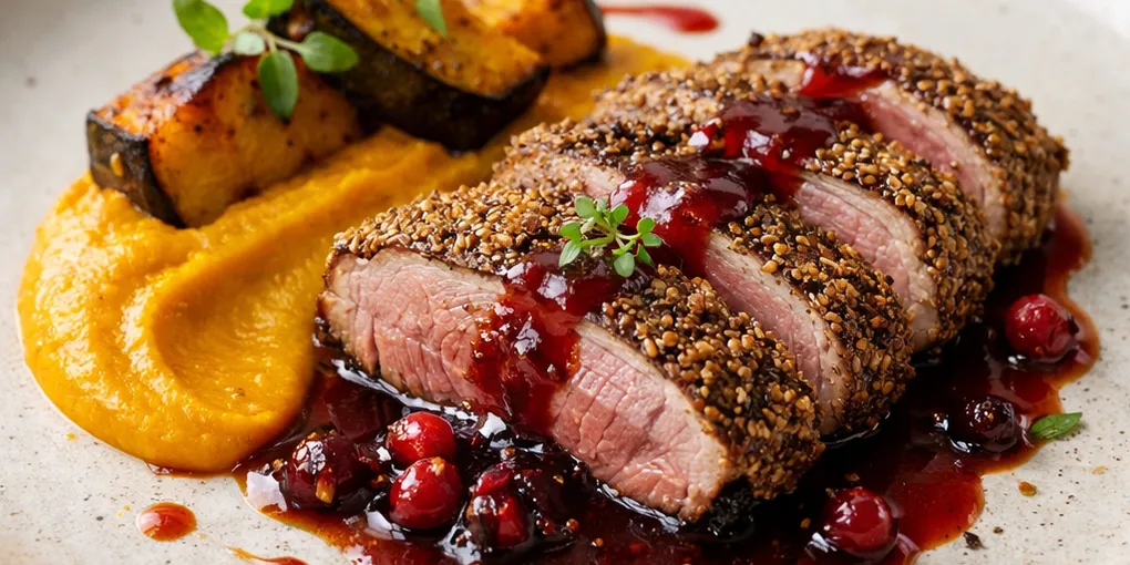 미숫가루 크러스트 오리 가슴살 — 오미자 스모크 글레이즈와 구운 단호박 퓨레(비법 공개)