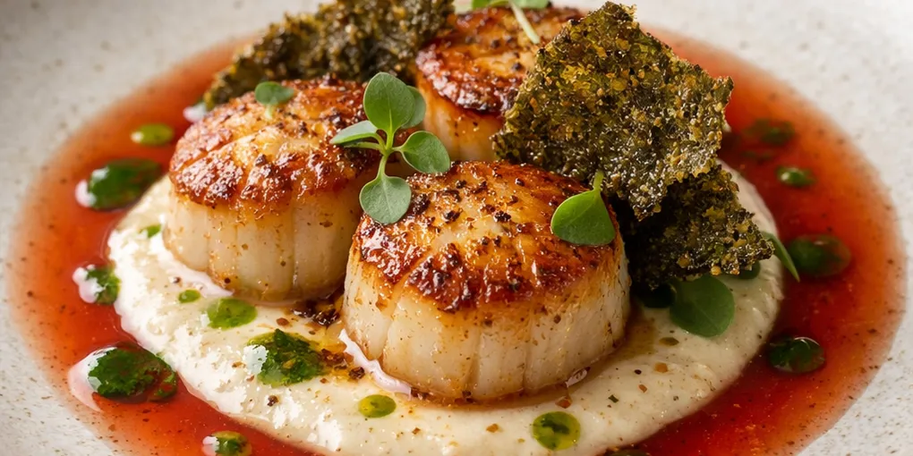 Vieiras en salsa tibia de chufa ahumada, consomé de pimiento clarificado y crujiente de oliva