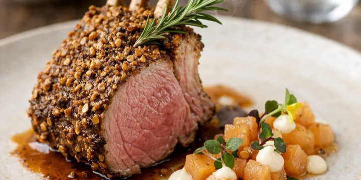 Carré d'agneau en croûte de sarrasin, perles de coing lacto‑fermenté & fumée froide au romarin