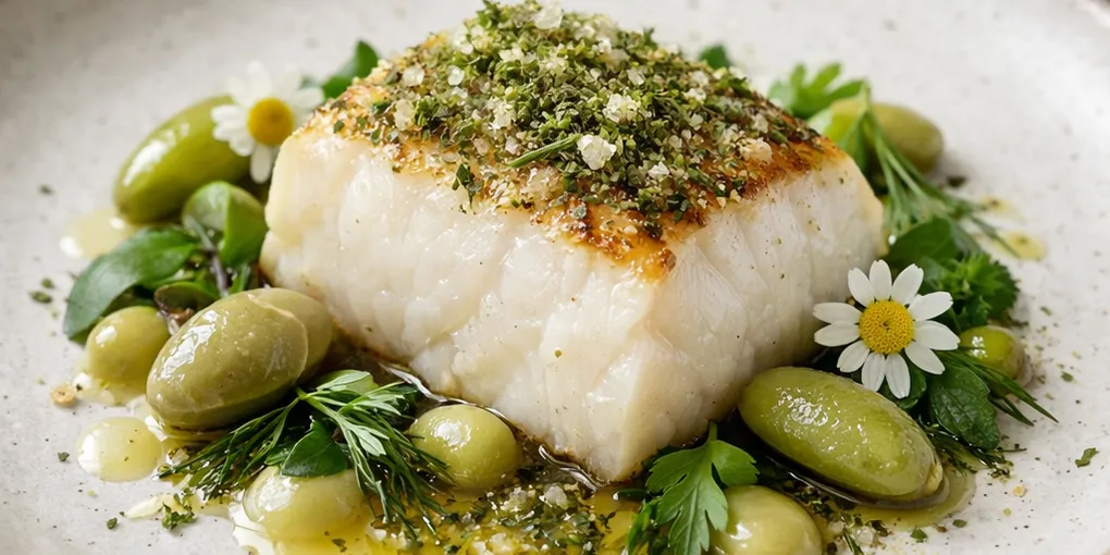 Chamomile-Smoked Halibut with Pickled Green Almonds & Pine-Needle Salt