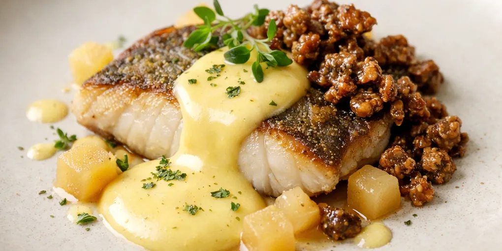 Steinbutt mit fermentierter Quitten‑Hollandaise & Roggen‑Karamell‑Knusper