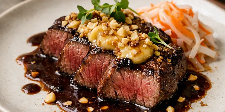 Bò Áp Chảo Bơ Macadamia‑Miso & Sốt Cacao‑Nước Mắm — Twist Umami Độc Đáo