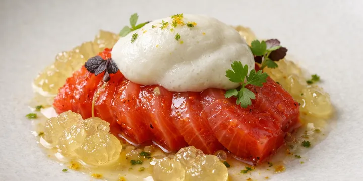 紅麹で熟成した桜鱒の低温仕立て — 昆布エスプーマと発泡柚子ジュレ