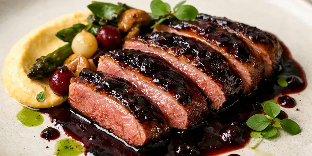 Peito de Pato Sous-Vide com Glaceado de Açaí Defumado e Óleo de Jambu — Receita Michelin Brasileira