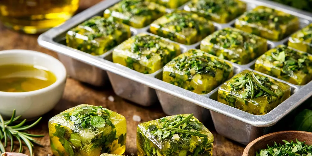 Congeler des herbes en glaçons d’huile — saveur prête à sauter