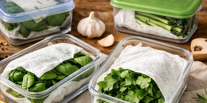 Bảo quản rau thơm & lá xanh tươi lâu: mẹo cuộn khăn ẩm trong hộp kín