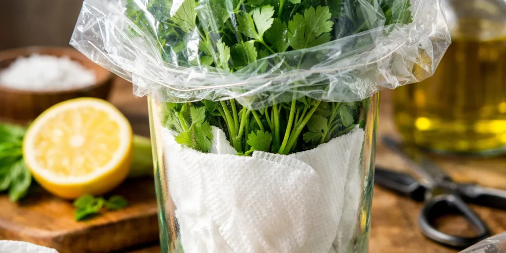 Mantenha ervas frescas por semanas com copo, papel-toalha e saco